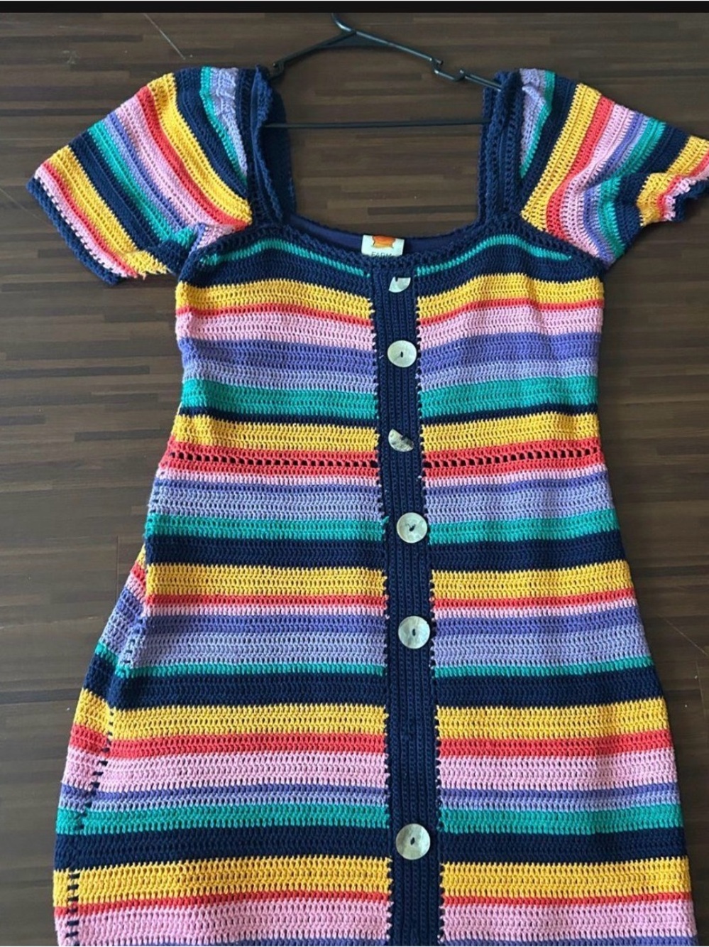 Farm Rio Multicolor Striped Crochet Button-Front Dress